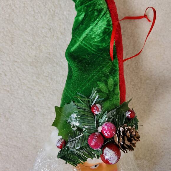 Vintage Lg Santa Face Ornament Velvet Cap Jingle Bell Greenery Door Wall Tree - Picture 7 of 13